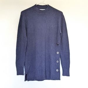 Liz Claiborne Mock Neck Long Knit Sweater Split Hem Button Detail Blue Size XS